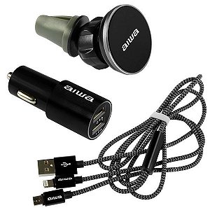 Carregador Veicular USB AIWA com 02 Saídas USB + Cabo USB + Suporte Magnético Preto