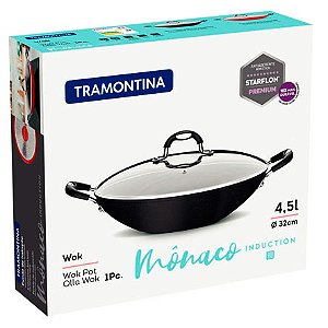 Wok de Alumínio TRAMONTINA Mônaco com Tampa de Vidro 4,5 Litros Preto