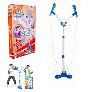 Microfone Duplo Infantil WELLKIDS Super Pop Festa Diversão Karaokê Azul