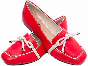 Mocassim Feminino TORRICELLA Rasteiro Laço em Nó Vermelho Detalhes Off White
