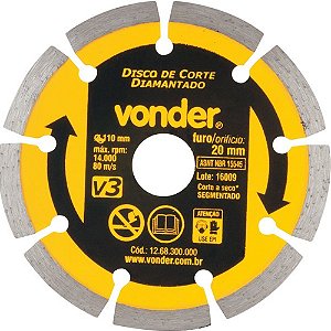 Disco de Corte para Serra Mármore Diamantado Segmentado 110 X 20mm V3 VONDER