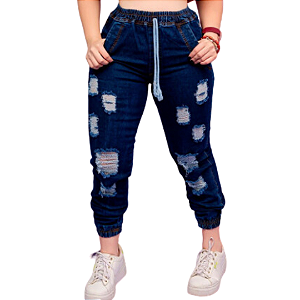 Calça Feminina Jogger Jeans Destroyed Cintura Alta Blogueira Azul Escuro
