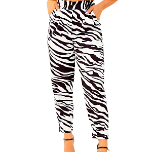 Calça Feminina Estampa Zebra com Cintura Elástica Branco com Preto