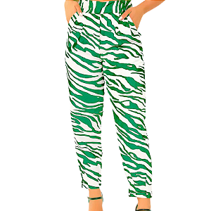 Calça Feminina Estampa Zebra com Cintura Elástica Branco com Verde
