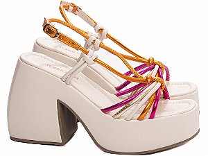 Sandália Feminina TORRICELLA Anabela Off White e Metalizado Pink, Dourado e Laranja