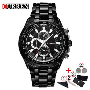 Relógio Masculino CURREN Luxo em Aço Inoxidável Quartzo Esporte Preto
