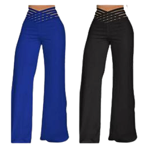 Calça Feminina em Malha Wide Leg Cintura Alta Fashion Preta / Azul