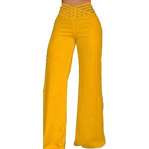 Calça Feminina em Malha Wide Leg Cintura Alta Fashion Amarelo / Branco / Rosa