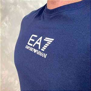 Camiseta Masculina Armani Azul Logo Branco
