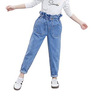 Calça Jeans Feminina Infantil Slim Fit Cintura Alta Bolsos Frontais Azul Médio