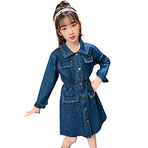 Vestido Infantil Jeans Gola Polo Cintura Marcada Manga Comprida Detalhes em Pérolas