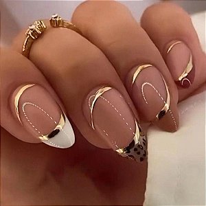 Unhas Postiças Amendoadas Longas com Linha Dourada 24 Peças
