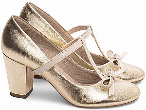 Sapato Boneca TORRICELLA Mary Jane Metalizado Ouro Light com Laço Verniz Off White