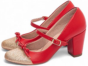 Sapato Boneca TORRICELLA Mary Jane Vermelho Detalhes em Glitter Ouro Light com Laço Vermelho