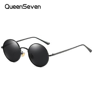 Óculos de Sol Unissex QueenSeven de Metal Polarizado Retrô Redondo UV400 Preto