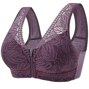 Soutien Plus Size Lingerie Confortável em Renda com Zíper Frontal Roxo