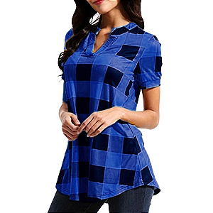 Blusa Feminina Casual Manga Curta Decote em V Xadrez Azul