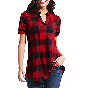 Blusa Feminina Casual Manga Curta Decote em V Xadrez Vermelho