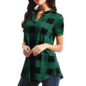 Blusa Feminina Casual Manga Curta Decote em V Xadrez Verde