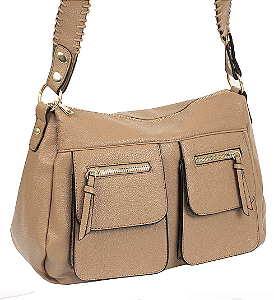 Bolsa Feminina Luxo Elegante Alça Grossa Detalhes Dourados Bege