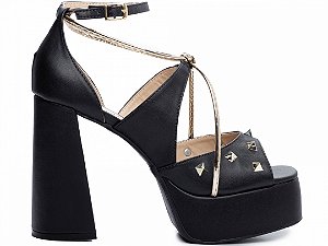 Sandália Feminina TORRICELLA Meia Pata Apliques Dourados Napa Preto e Verniz Metalizado Specchio Dourado