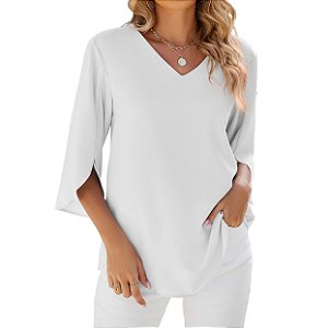Blusa Feminina Soltinha Manga 3/4 Decote V Branco