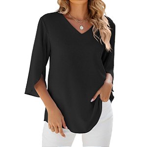 Blusa Feminina Soltinha Manga 3/4 Decote V Preto
