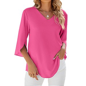 Blusa Feminina Soltinha Manga 3/4 Decote V Rosa