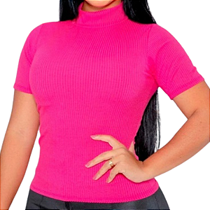 Blusa Baby Look Feminina Gola Alta Tecido Canelado Manga Curta Tamanho Único
