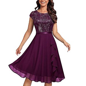Vestido Corpete Lantejoulas Saia Chiffon Manga Curta Gola Redonda Midi Festa Roxo