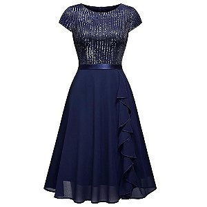 Vestido Corpete Lantejoulas Saia Chiffon Manga Curta Gola Redonda Midi Festa Azul Escuro