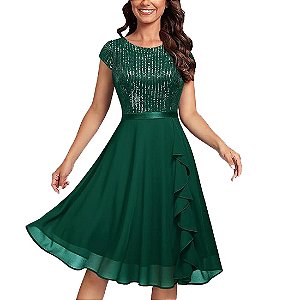 Vestido Corpete Lantejoulas Saia Chiffon Manga Curta Gola Redonda Midi Festa Verde