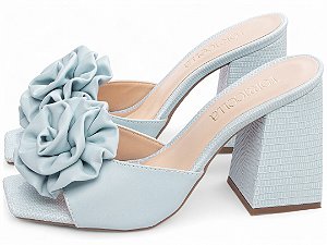 Sandália Tamanco Feminino TORRICELLA Salto Bloco 9cm Napa Lezard Flor Azul