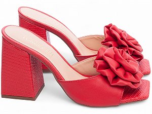 Sandália Tamanco Feminino TORRICELLA Salto Bloco 9cm Napa Lezard Flor Vermelho