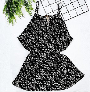 Blusa Regata Feminina Tecido Crepe Alça Fina com Pingente Preto