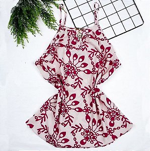 Blusa Regata Feminina Tecido Crepe Alça Fina com Pingente Rosa e Branco