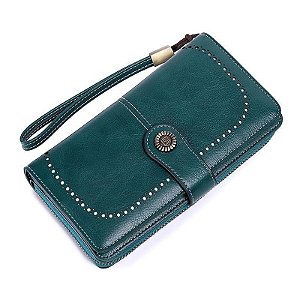 Carteira Feminina de Alta Qualidade em Couro Antifurto RFID Zíper Longo Bolsa de Mão Grande Porta Cartão