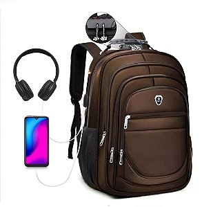 Mochila Universidade/Faculdade Reforçada Grande com Entradas para USB e Fone de Ouvido P2 Marrom