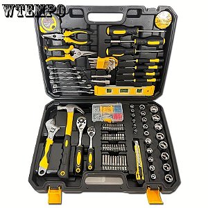 Ferramenta WTEMPO Kit Completo para Reparos Domésticos Automotivos Motocicletas Bicicletas Manuais Duráveis de Aço Carbono Inclui Estojo de Armazenamento Resistente com 118 Peças Preto com Amarelo