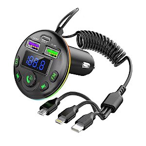 Carregador Smartphone 03 em 01 Automotivo Bluetooth 5.0 Transmissor FM MP3 Modulador Receptor de Áudio Viva-Voz USB Tipo-c IPhone Huawei Xiaomi