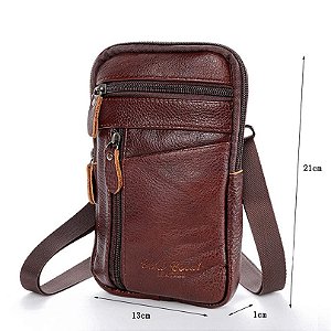 Bolsa Masculina para Smartphone de Couro Genuíno Portátil Viagem Marrom