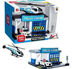 Brinquedo PLAY CITY Estação de Polícia Carrinho e Helicóptero