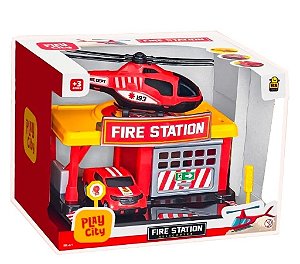 Brinquedo PLAY CITY Estação de Bombeiros Helicóptero e Carrinho