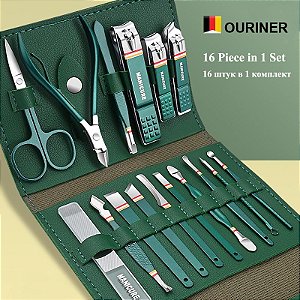 Conjunto Cortador de Unhas em Aço Inoxidável com Maleta Manicure Tesoura Maquiagem Ferramenta de Beleza com 16 Peças Verde