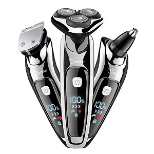 Barbeador Elétrico Hatteker Recarregável sem Fio Máquina de Cortar Cabelo Navalha Elétrica para Homens kit 03 em 01