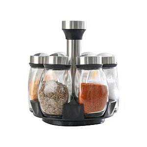 Conjunto de Potes de Especiarias com 07 Peças Organizador de Vidro Giratório Tempero Açúcar Pimenta Frascos Saleiros Suporte Rack de Armazenamento de Cozinha