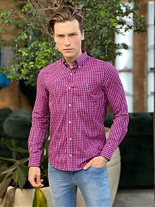 Camisa RL Manga Longa Algodão Xadrez Rosa e Preto