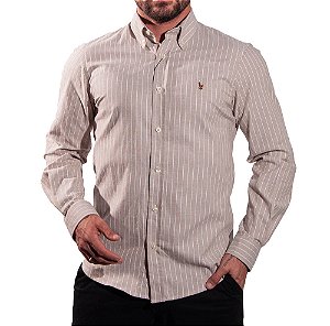 Camisa RL Manga Longa Oxford Listrada Creme e Branco