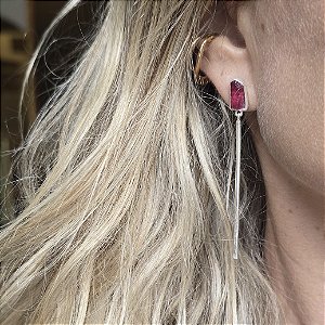 Brinco fio pedra bruta Turmalina Rosa