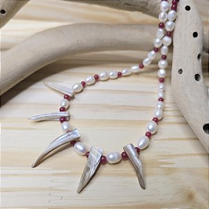Colar Folia Prata, Pérola e Jade Vermelha